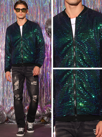 Sequin Zipper Long Sleeves Party Disco Shiny Bomber Jacket