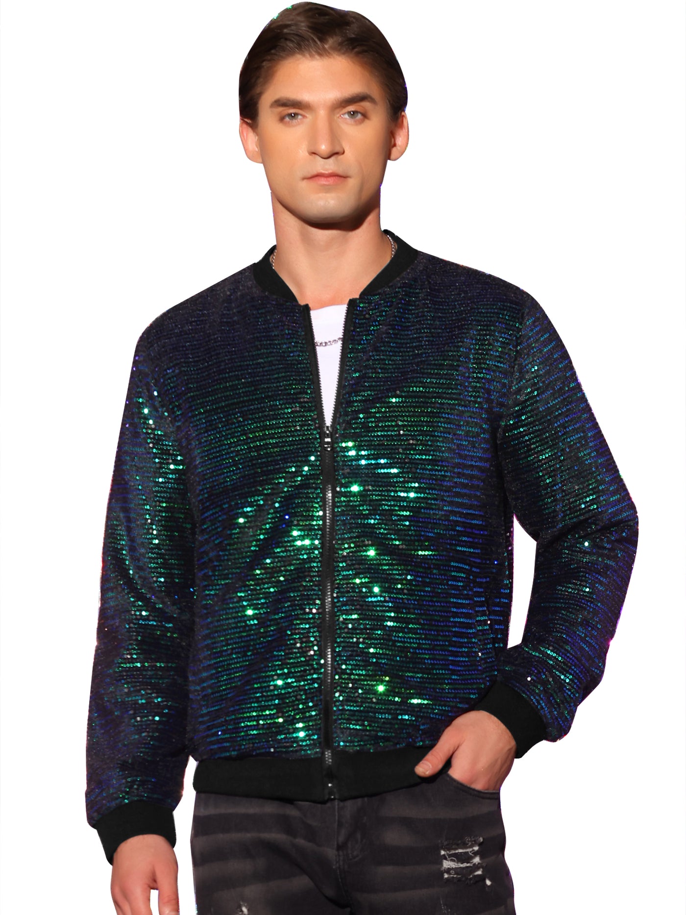 Bublédon Sequin Zipper Long Sleeves Party Disco Shiny Bomber Jacket
