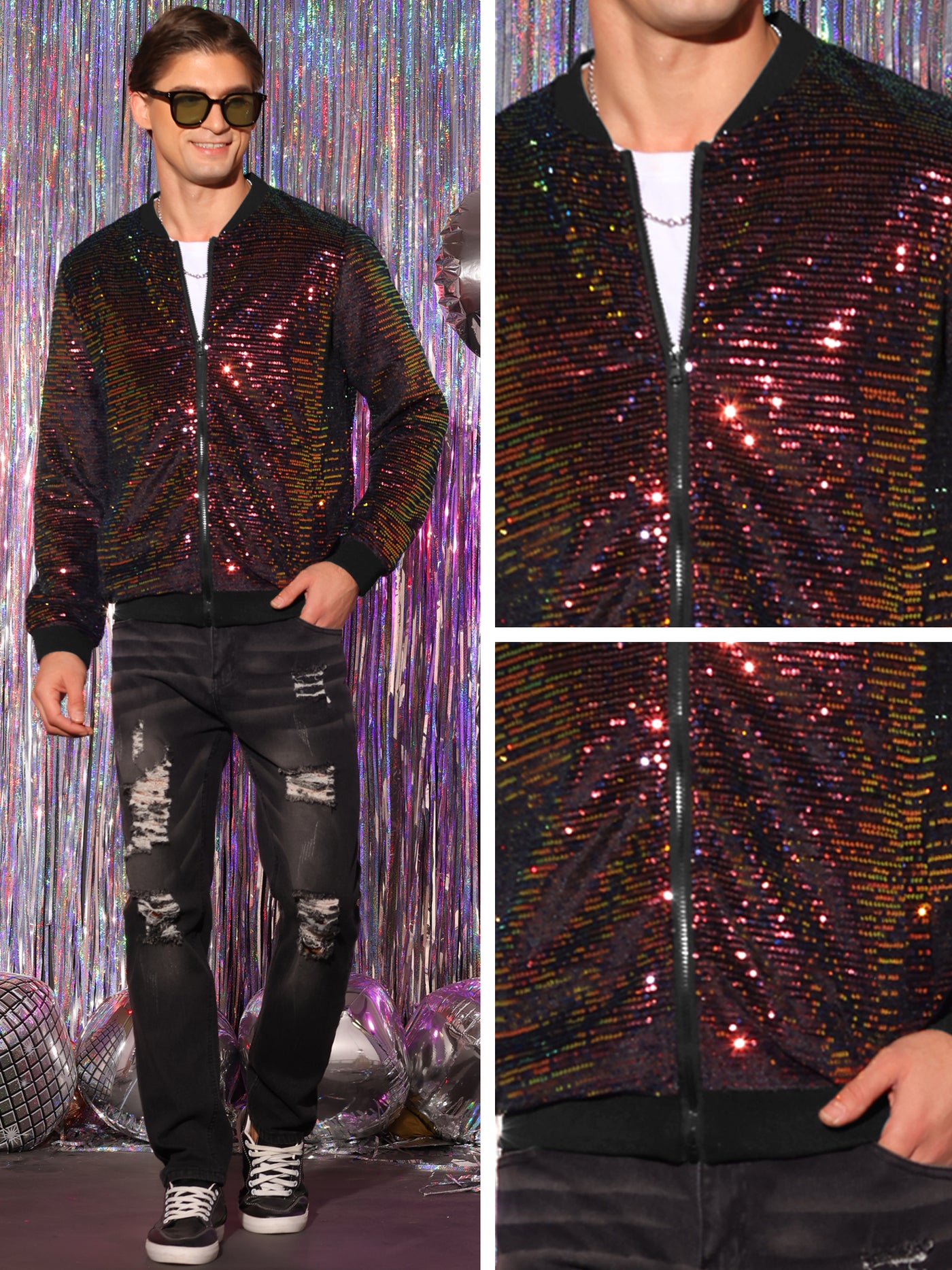 Bublédon Sequin Zipper Long Sleeves Party Disco Shiny Bomber Jacket