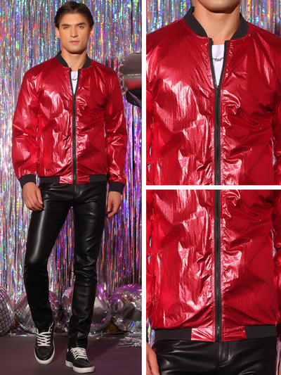 Metallic Jacket for Men's Zipper Up Shiny Party Holographic Bomber Varsity Jackets