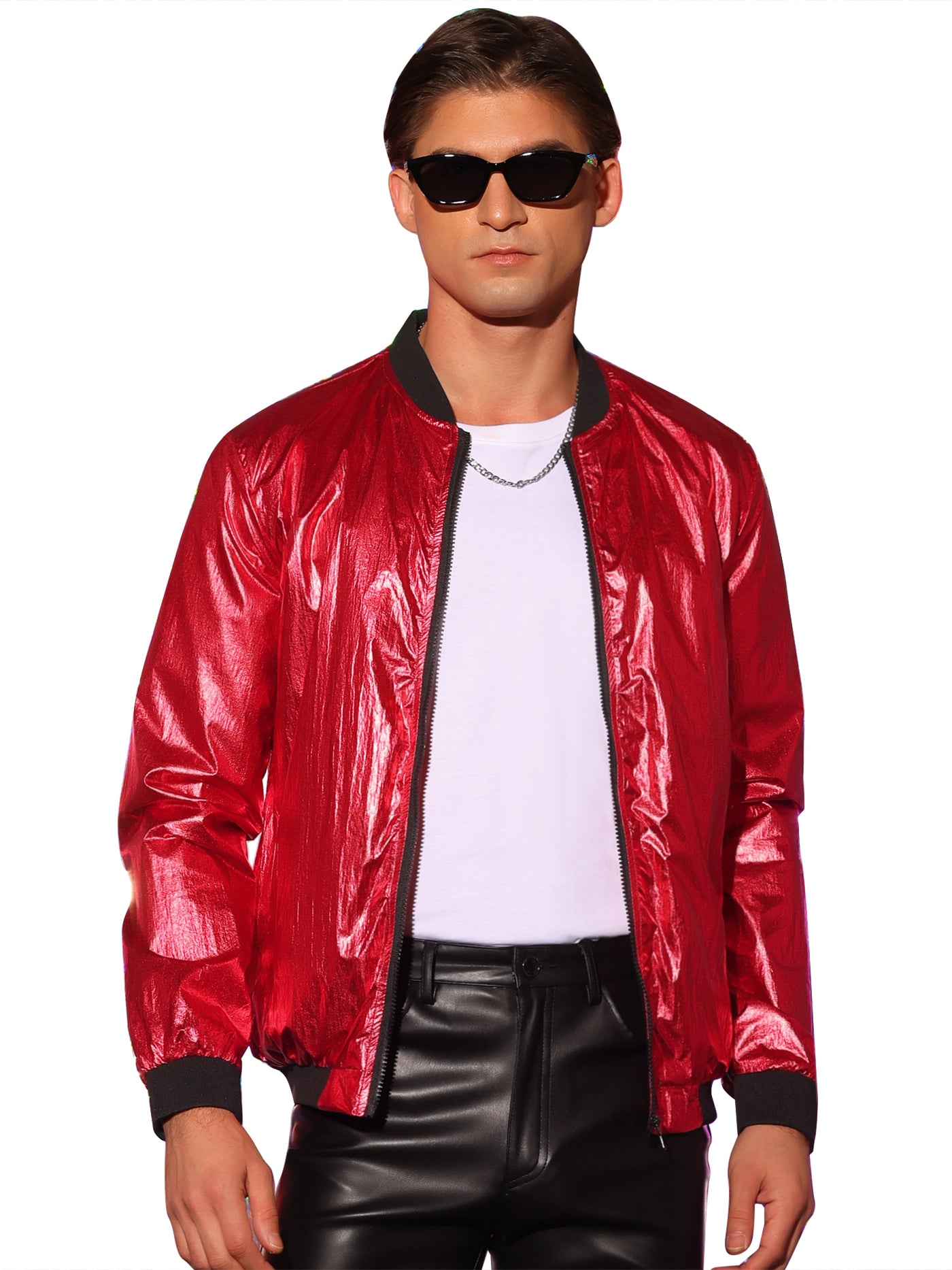 Bublédon Metallic Jacket for Men's Zipper Up Shiny Party Holographic Bomber Varsity Jackets