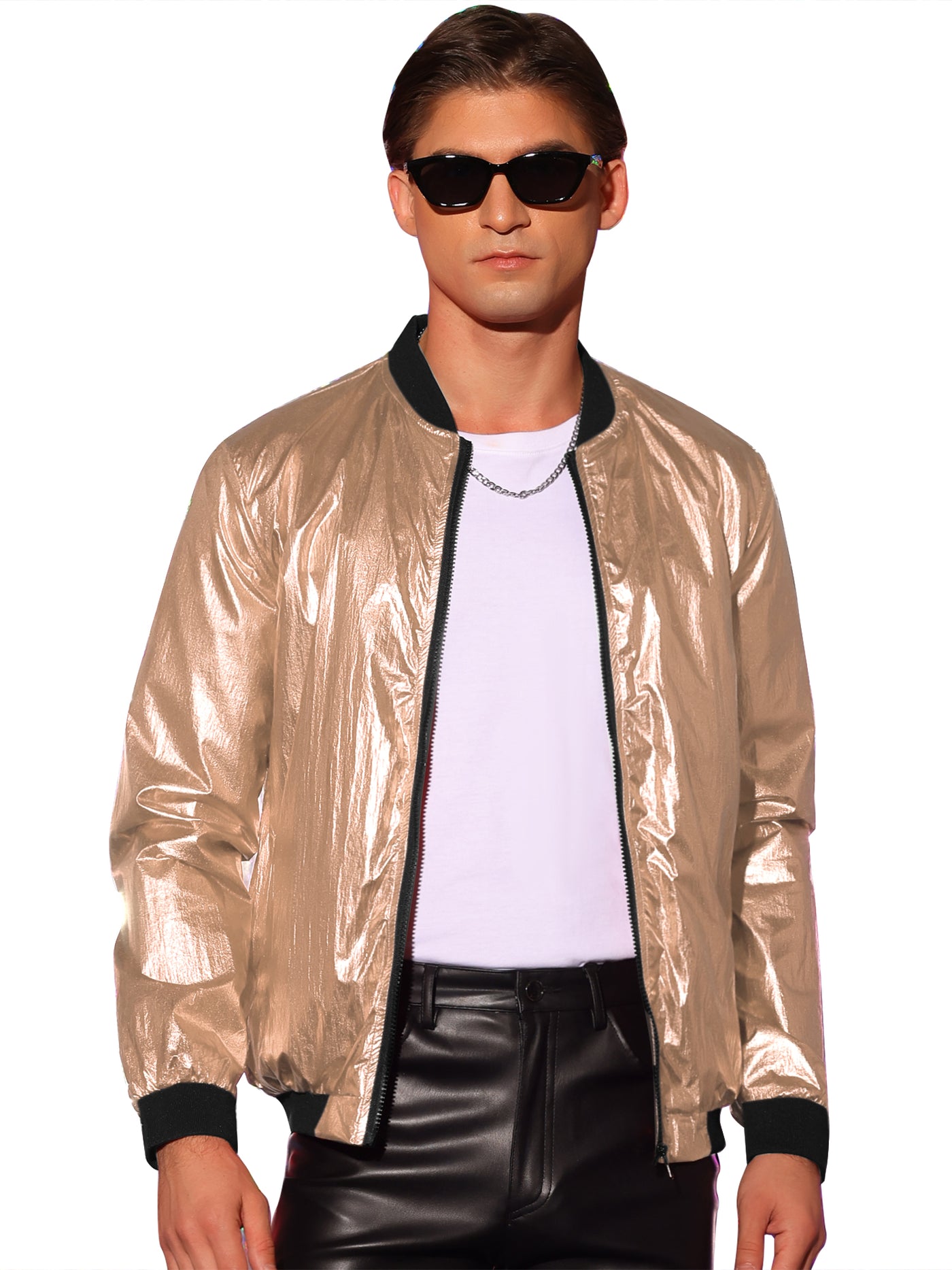 Bublédon Metallic Jacket for Men's Zipper Up Shiny Party Holographic Bomber Varsity Jackets