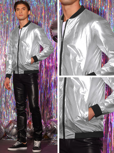 Metallic Jacket for Men's Zipper Up Shiny Party Holographic Bomber Varsity Jackets