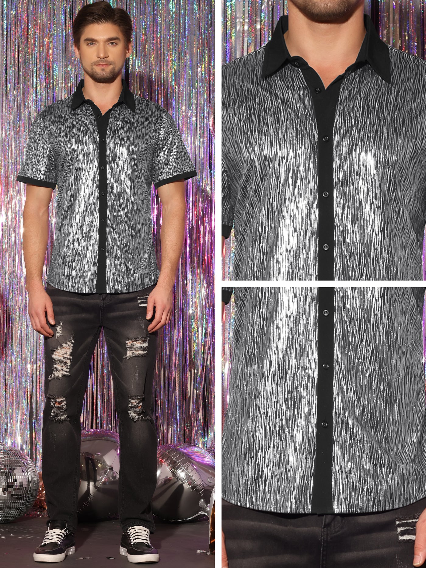 Bublédon Men's Metallic Contrasting Color Short Sleeves Button Down Disco Party Sparkly Shirt