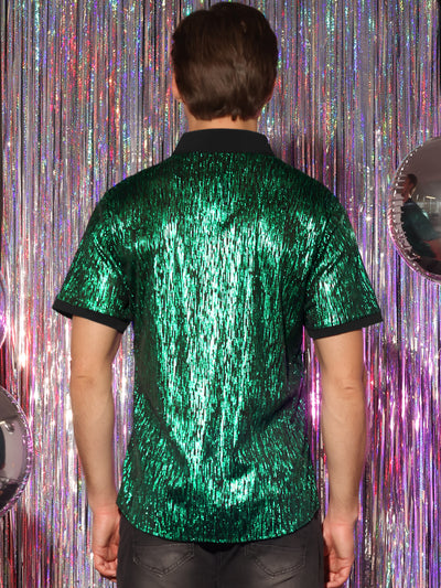 Men's Metallic Contrasting Color Short Sleeves Button Down Disco Party Sparkly Shirt