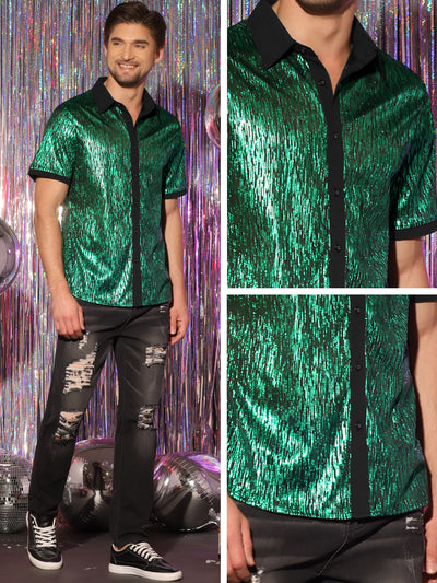 Men's Metallic Contrasting Color Short Sleeves Button Down Disco Party Sparkly Shirt