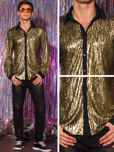 Men's Glitter Metallic Long Sleeves Button Disco Sparkly Shirt