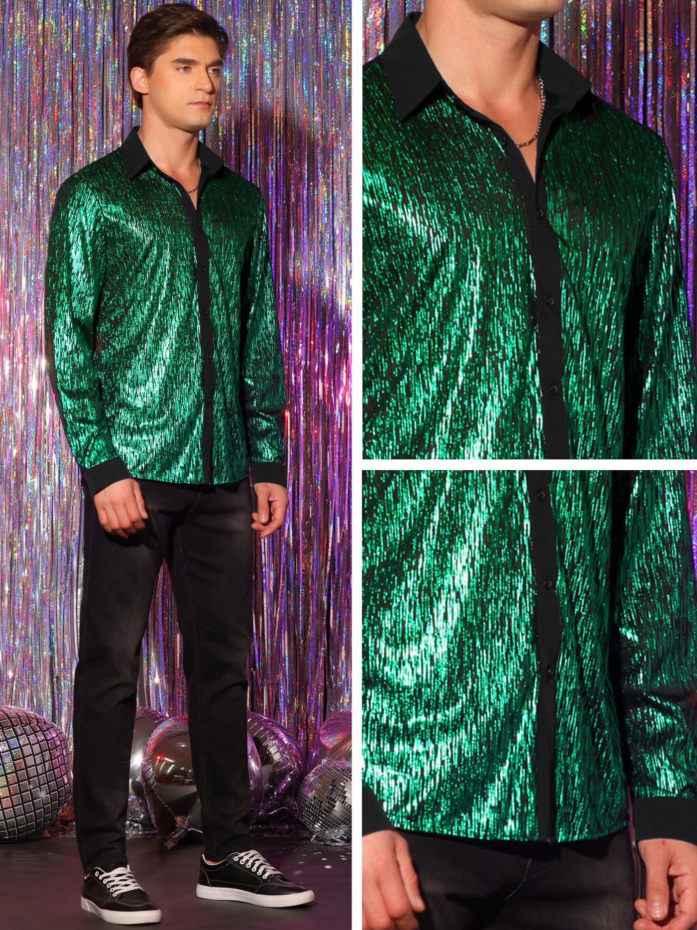 Bublédon Men's Glitter Metallic Long Sleeves Button Disco Sparkly Shirt