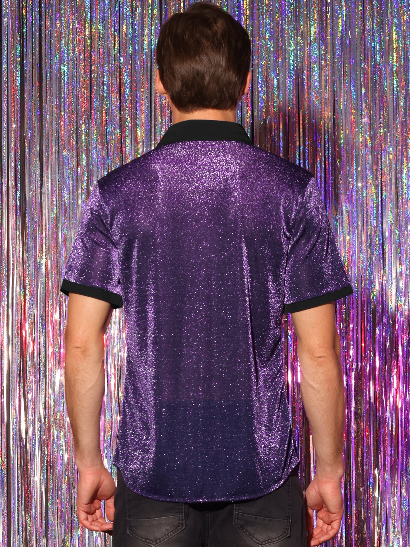 Bublédon Men's Sheer Mesh See Through Short Sleeves Party Disco Shiny Metallic Shirts