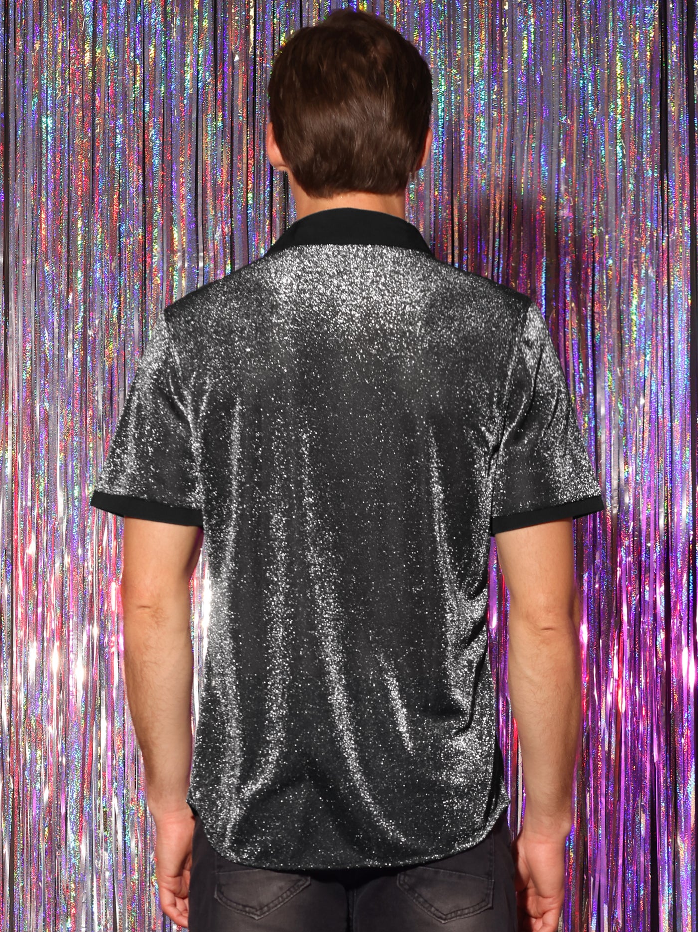 Bublédon Men's Sheer Mesh See Through Short Sleeves Party Disco Shiny Metallic Shirts