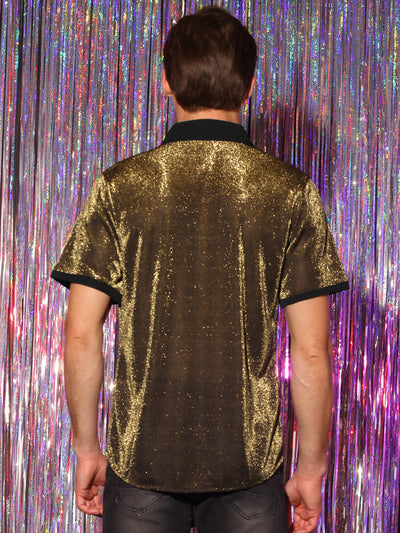 Men's Sheer Mesh See Through Short Sleeves Party Disco Shiny Metallic Shirts