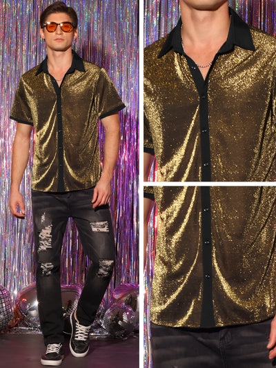 Men's Sheer Mesh See Through Short Sleeves Party Disco Shiny Metallic Shirts