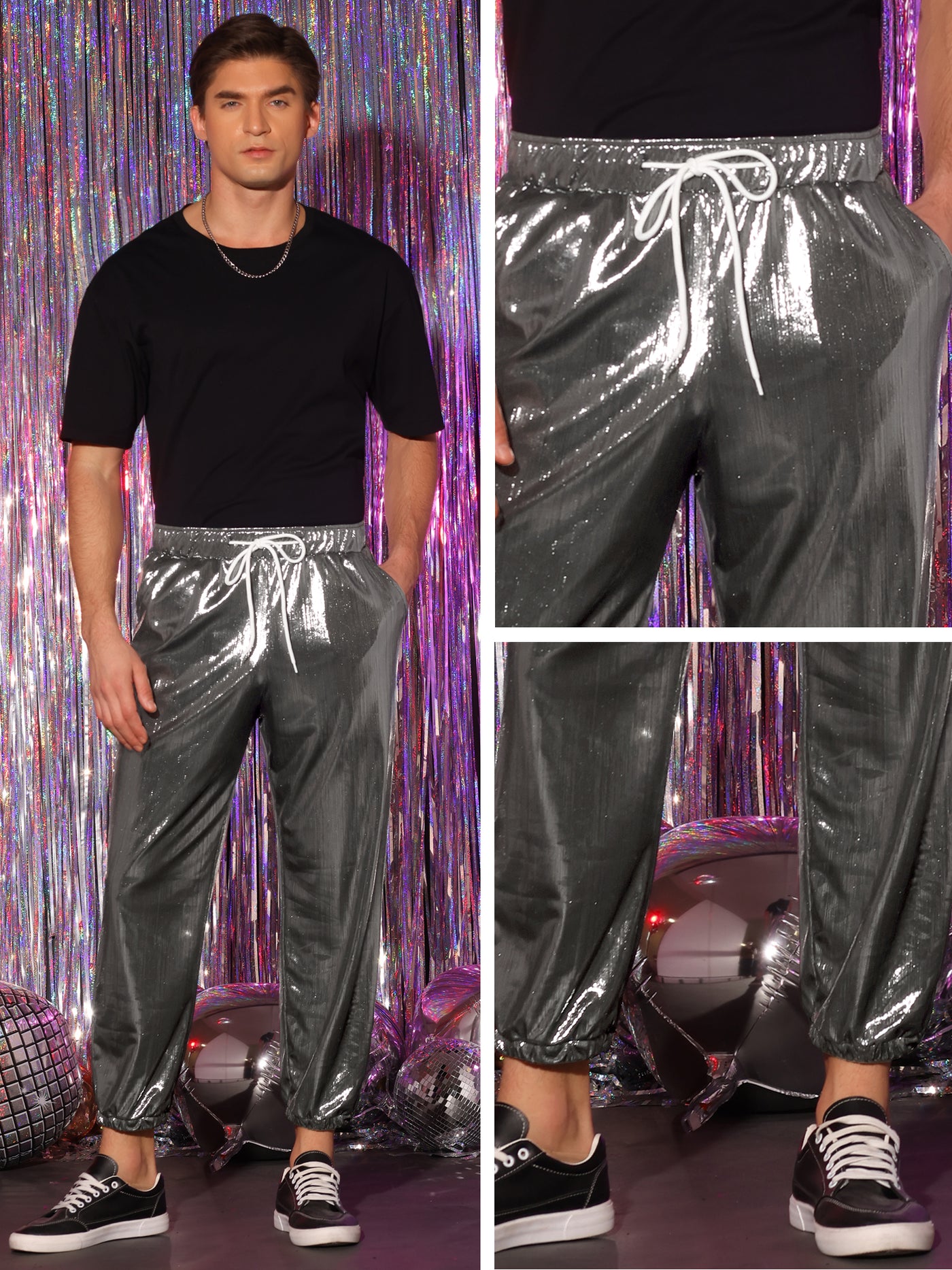 Bublédon Men's Shiny Metallic Drawstring Waist Party Disco Sparkle Joggers Pants