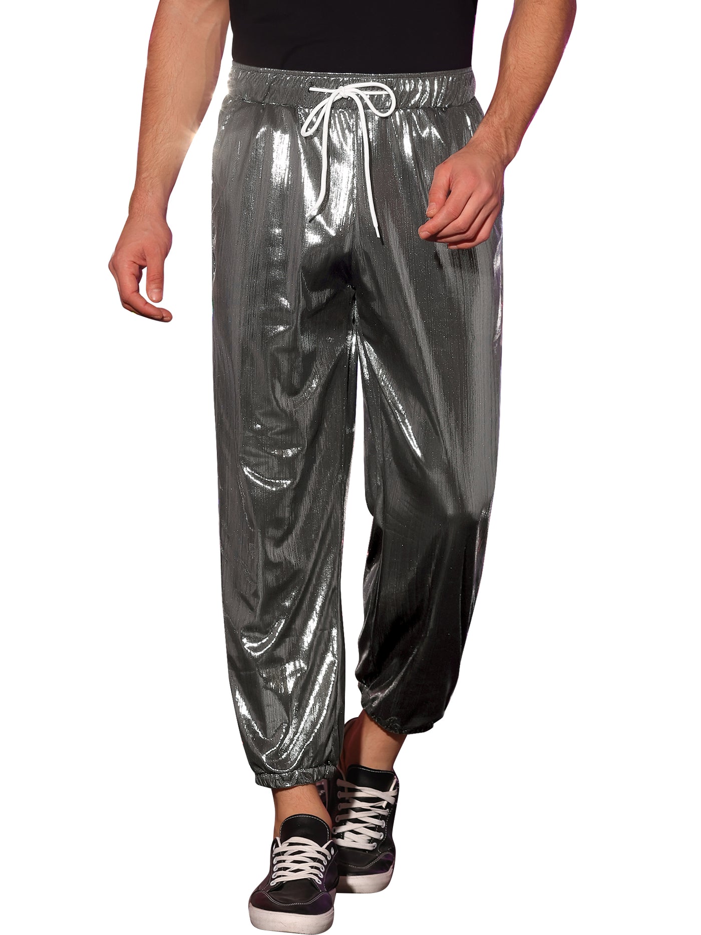 Bublédon Men's Shiny Metallic Drawstring Waist Party Disco Sparkle Joggers Pants