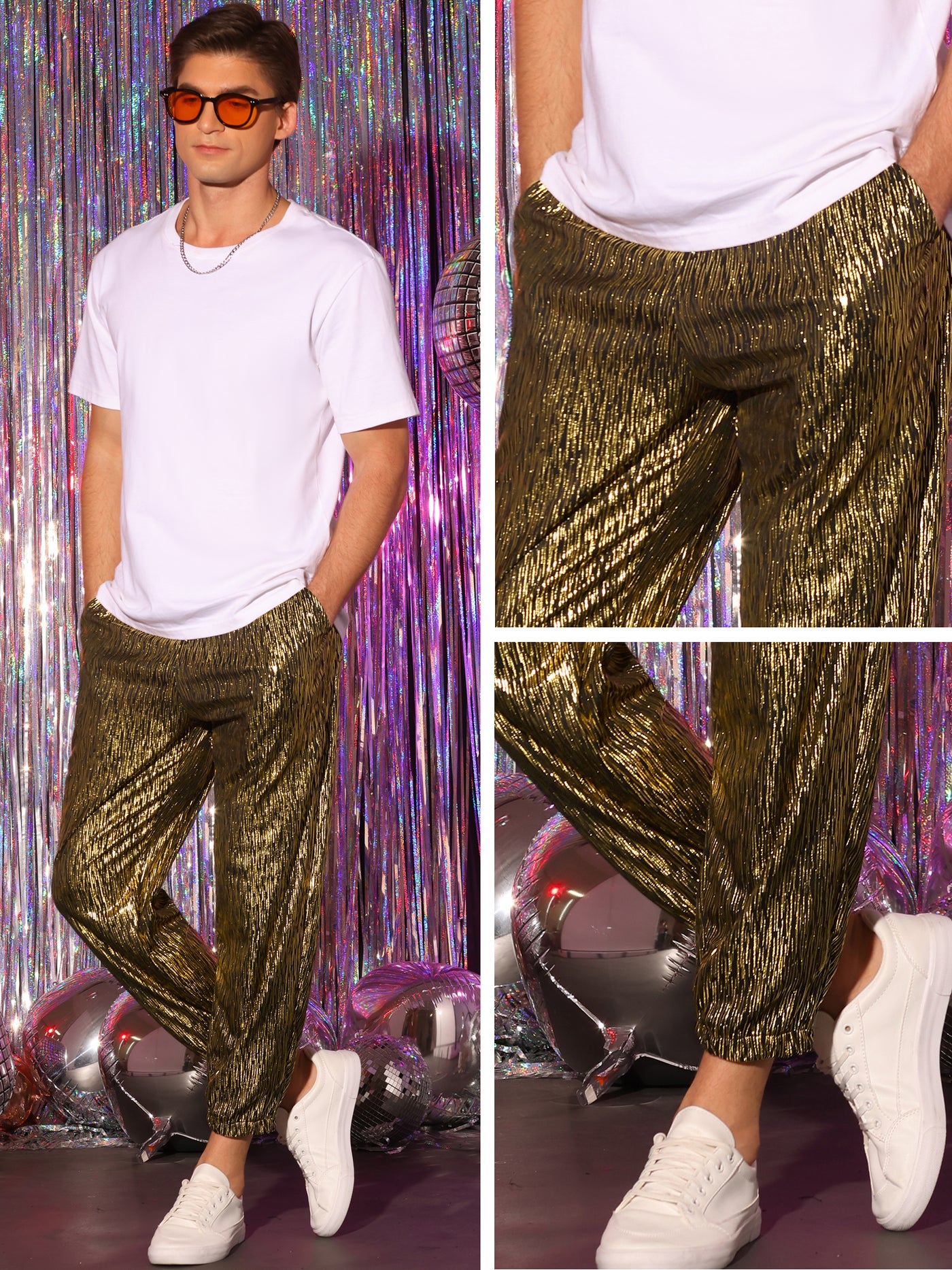 Bublédon Metallic Jogger Pants for Men's Contrast Color Drawstring Waist Disco Party Shiny Trousers