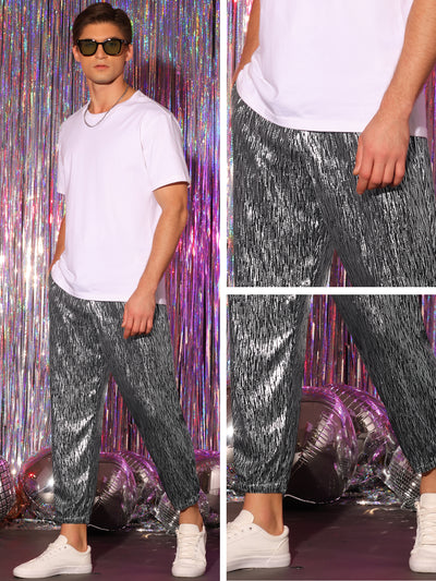 Metallic Jogger Pants for Men's Contrast Color Drawstring Waist Disco Party Shiny Trousers
