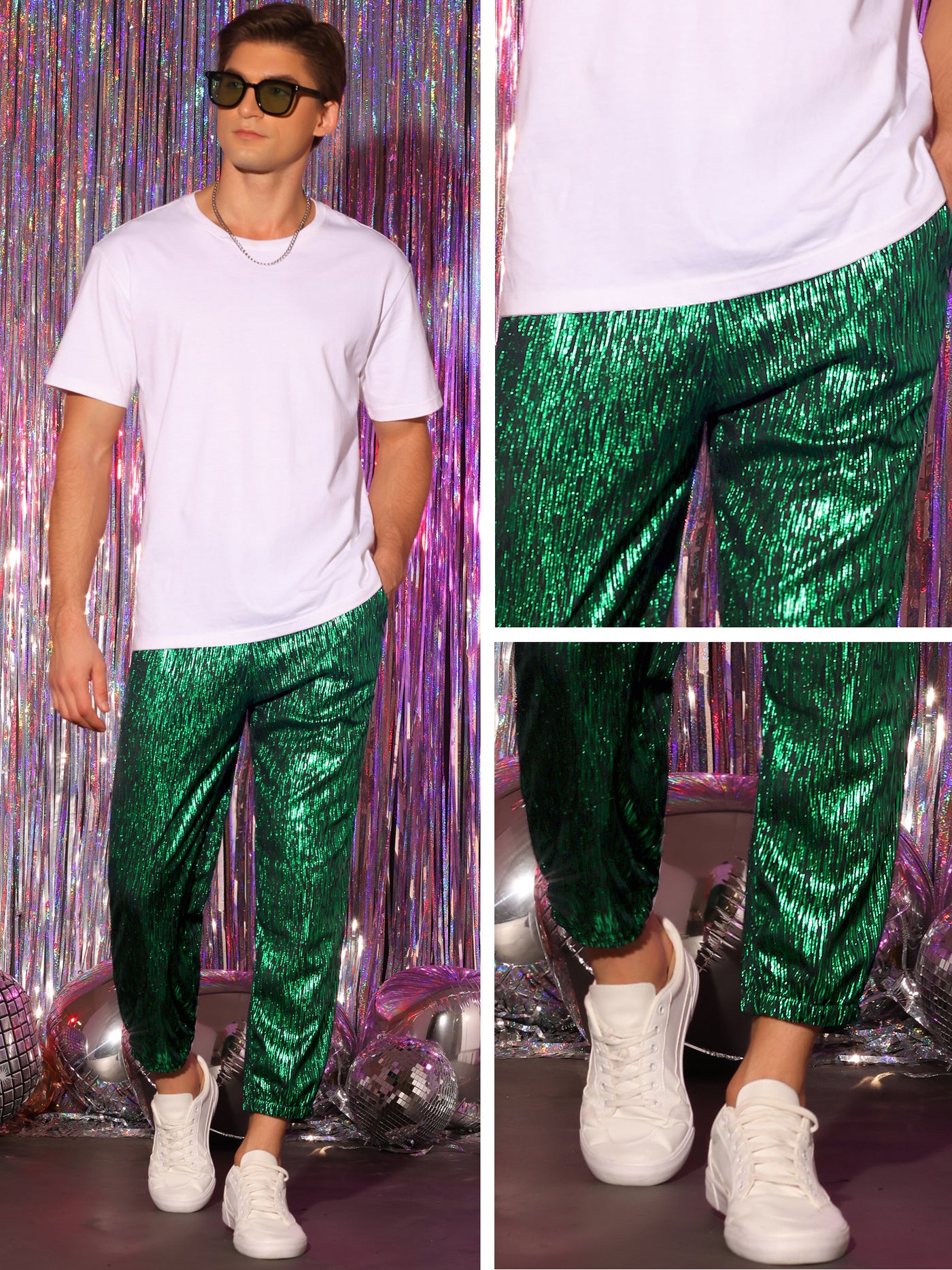 Bublédon Metallic Jogger Pants for Men's Contrast Color Drawstring Waist Disco Party Shiny Trousers