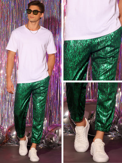 Metallic Jogger Pants for Men's Contrast Color Drawstring Waist Disco Party Shiny Trousers