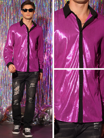 Men's Shiny Metallic Long Sleeves Button Party Disco Glitter Shirts
