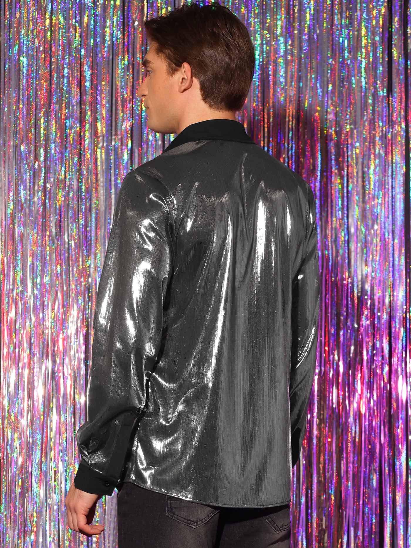 Bublédon Men's Shiny Metallic Long Sleeves Button Party Disco Glitter Shirts