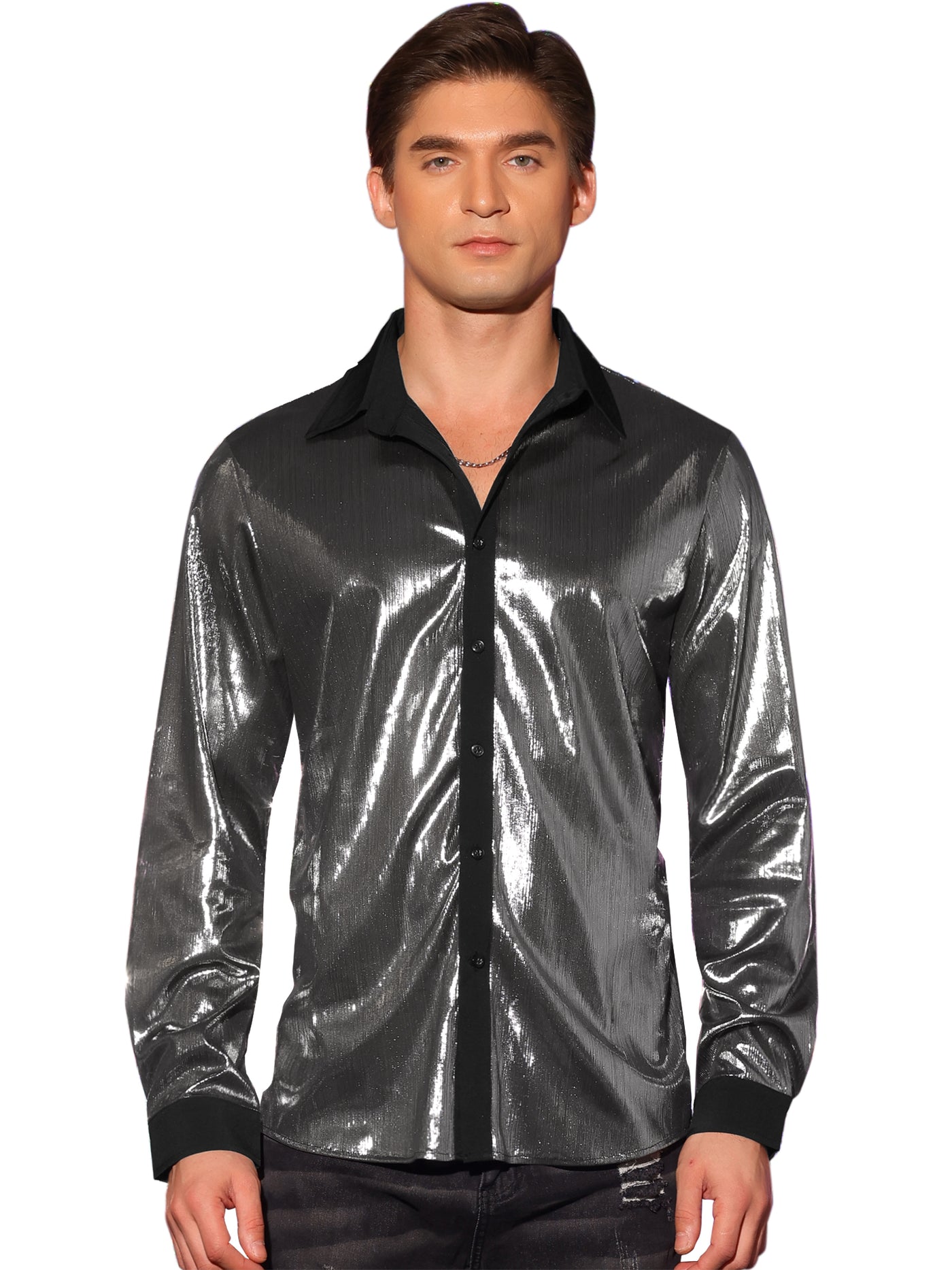Bublédon Men's Shiny Metallic Long Sleeves Button Party Disco Glitter Shirts