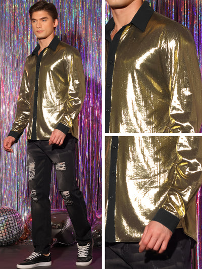 Men's Shiny Metallic Long Sleeves Button Party Disco Glitter Shirts