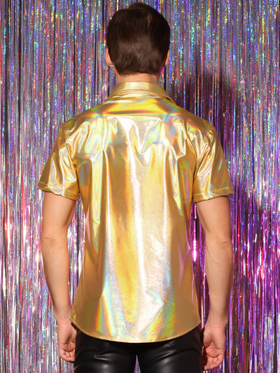 Men's Holographic Short Sleeves Crew Neck Party Shiny Metallic Shirt