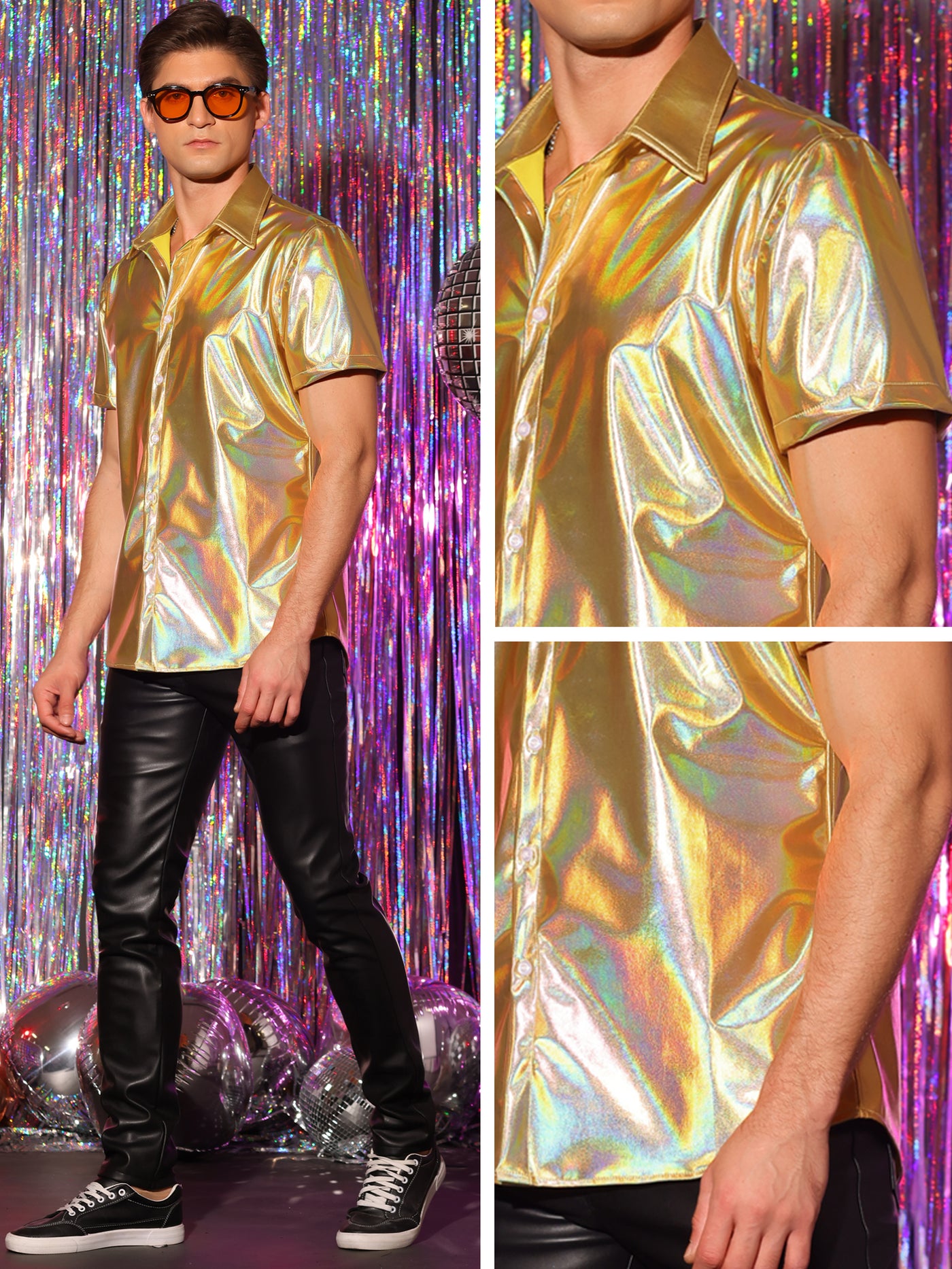 Bublédon Men's Holographic Short Sleeves Crew Neck Party Shiny Metallic Shirt