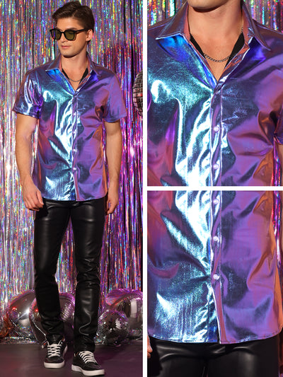 Men's Holographic Short Sleeves Crew Neck Party Shiny Metallic Shirt