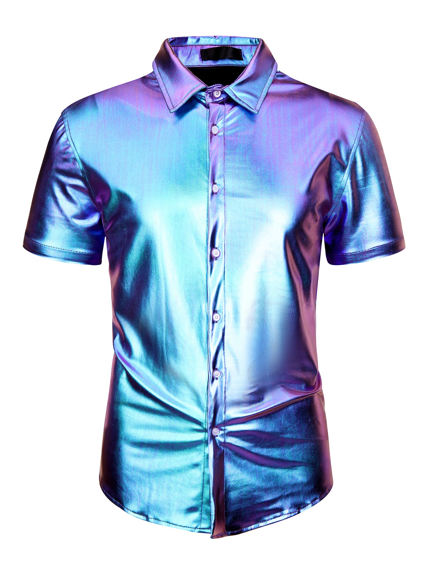 Bublédon Men's Holographic Short Sleeves Crew Neck Party Shiny Metallic Shirt