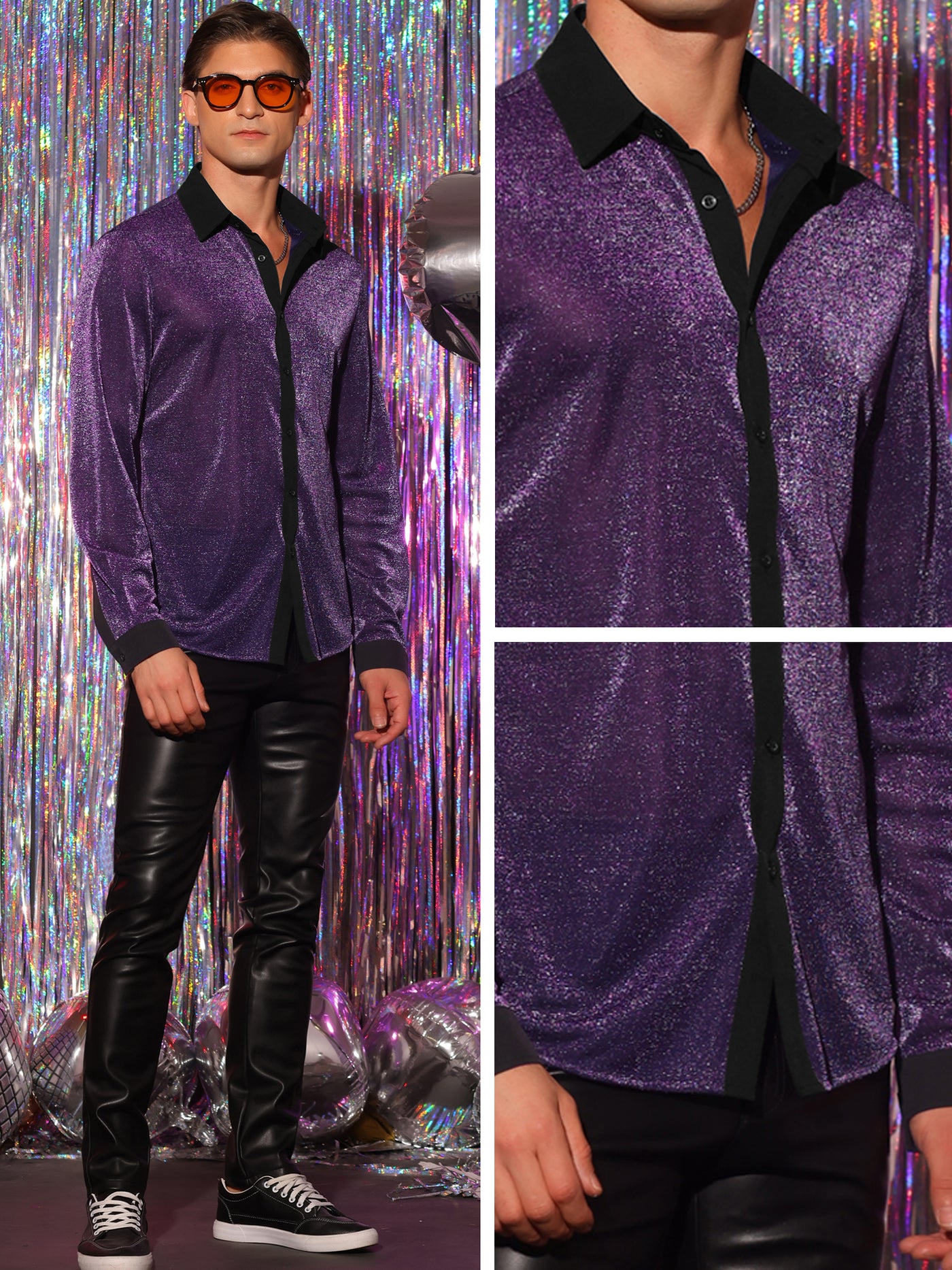 Bublédon Sparkle Dress Shirts for Men's Long Sleeves Party Shining Texture Shirt
