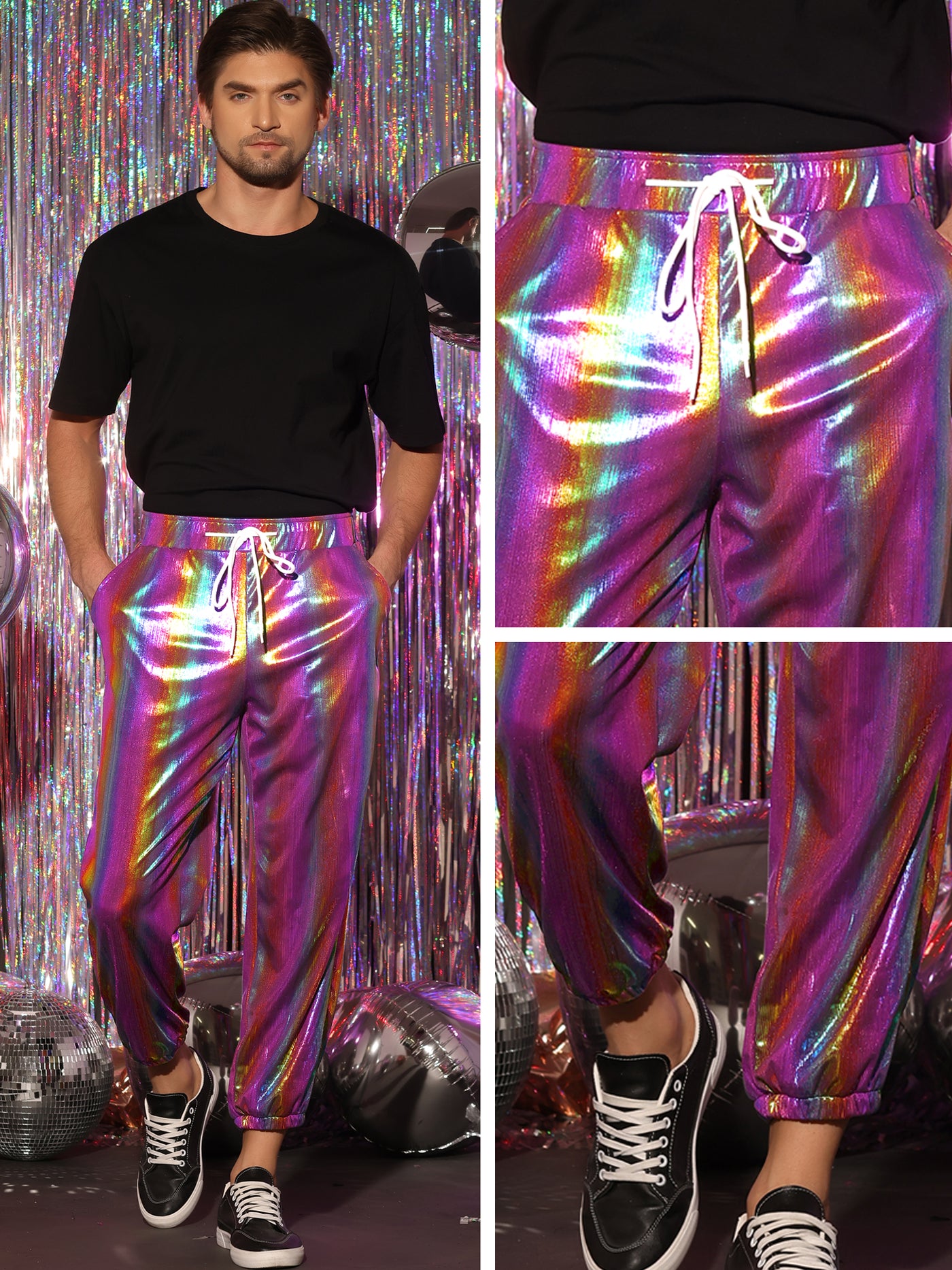 Bublédon Men's Shiny Drawstring Metallic Party Sparkle Sweat Pants Jogger