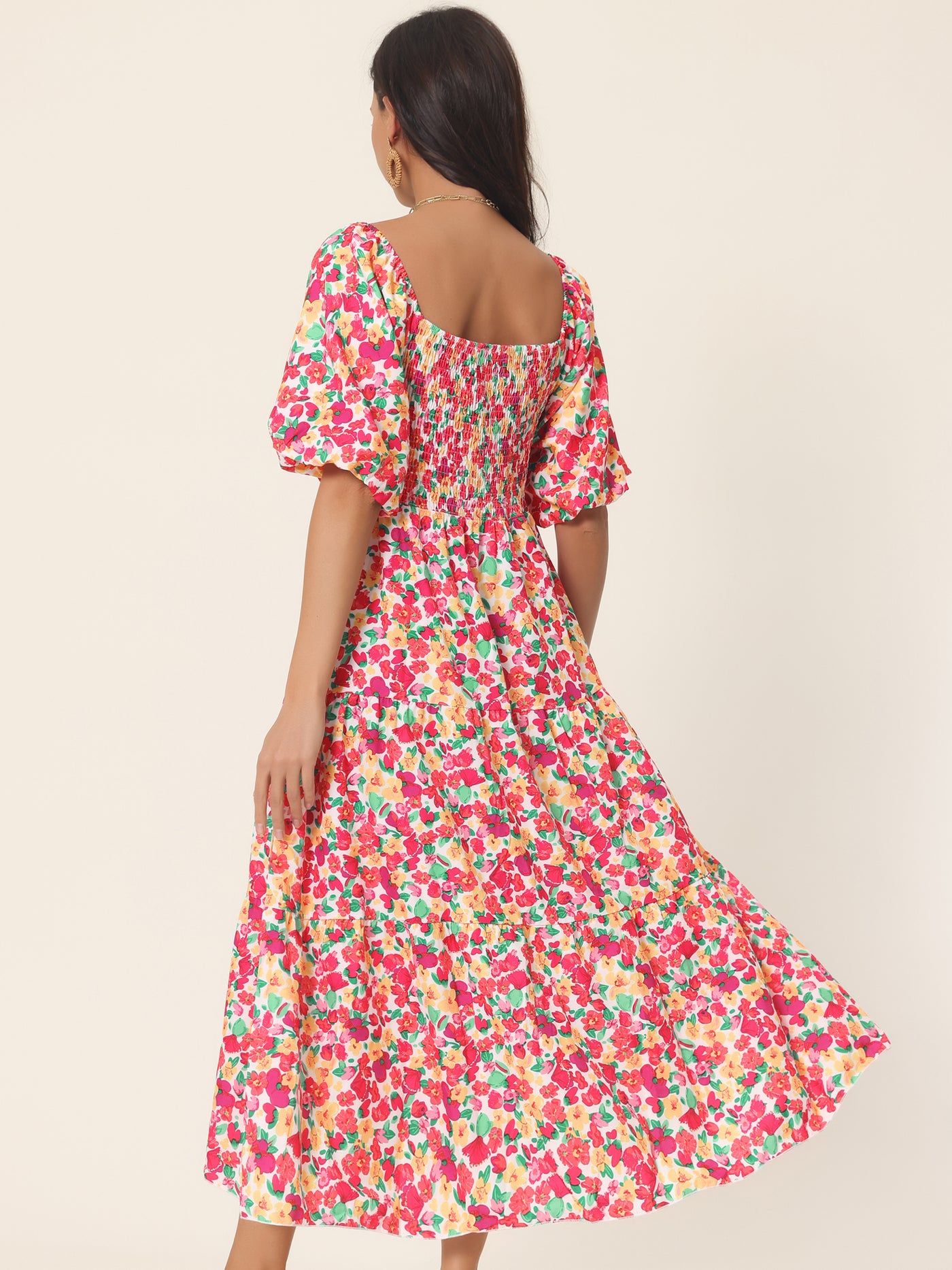 Bublédon Summer Flowy Beach Square Neck Puff Short Sleeve Smocked Back Boho Floral Long Maxi Dress