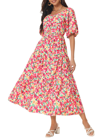 Summer Flowy Beach Square Neck Puff Short Sleeve Smocked Back Boho Floral Long Maxi Dress