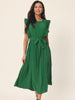 Casual Midi Ruffle Sleeveless Crewneck Pleated Flowy Belted Dress