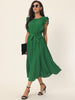 Casual Midi Ruffle Sleeveless Crewneck Pleated Flowy Belted Dress