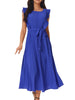 Casual Midi Ruffle Sleeveless Crewneck Pleated Flowy Belted Dress