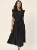 Casual Midi Ruffle Sleeveless Crewneck Pleated Flowy Belted Dress