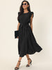 Casual Midi Ruffle Sleeveless Crewneck Pleated Flowy Belted Dress