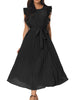 Casual Midi Ruffle Sleeveless Crewneck Pleated Flowy Belted Dress
