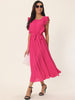 Casual Midi Ruffle Sleeveless Crewneck Pleated Flowy Belted Dress
