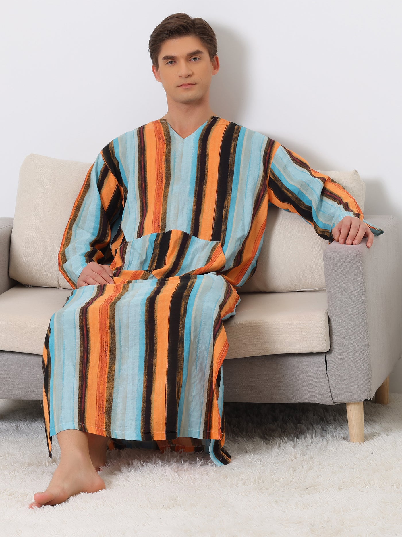 Bublédon Striped Nightshirts for Men's V Neck Long Sleeves Pajamas Shirts Nightwear