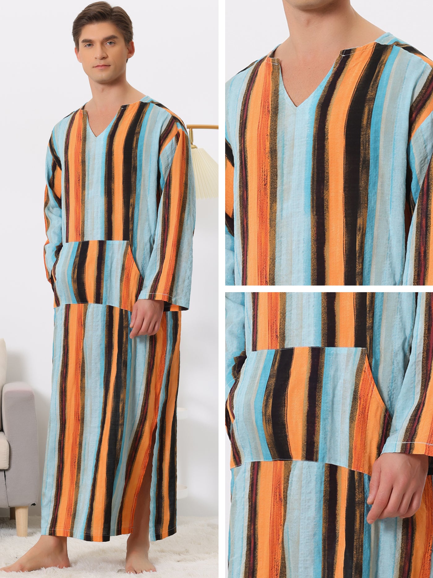Bublédon Striped Nightshirts for Men's V Neck Long Sleeves Pajamas Shirts Nightwear