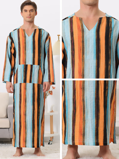 Striped Nightshirts for Men's V Neck Long Sleeves Pajamas Shirts Nightwear