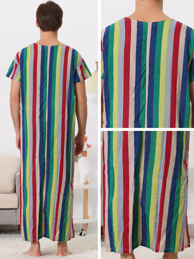 Striped Sleep Shirts for Men's V Neck Short Sleeves Color Block Nightshirt