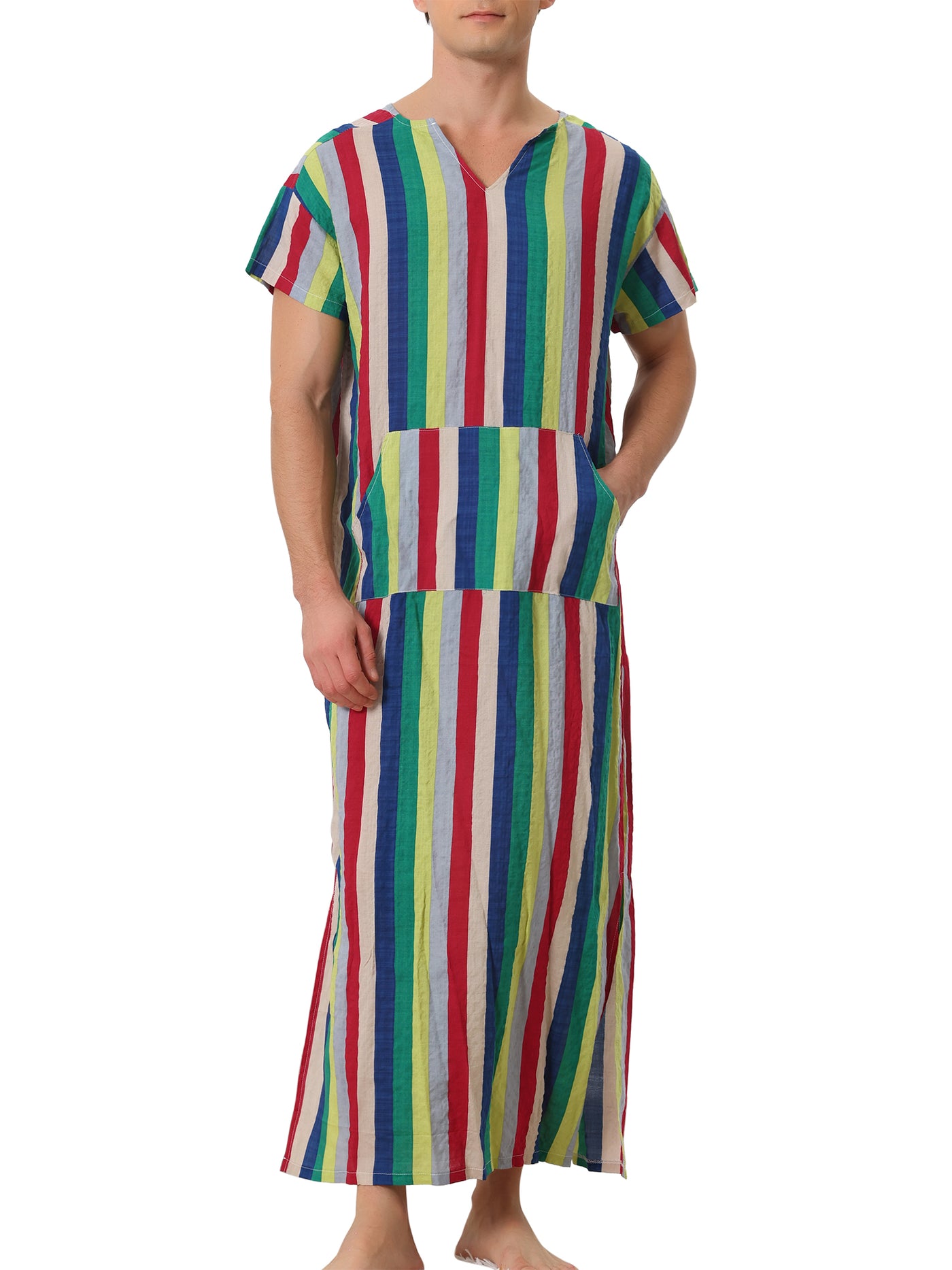 Bublédon Striped Sleep Shirts for Men's V Neck Short Sleeves Color Block Nightshirt