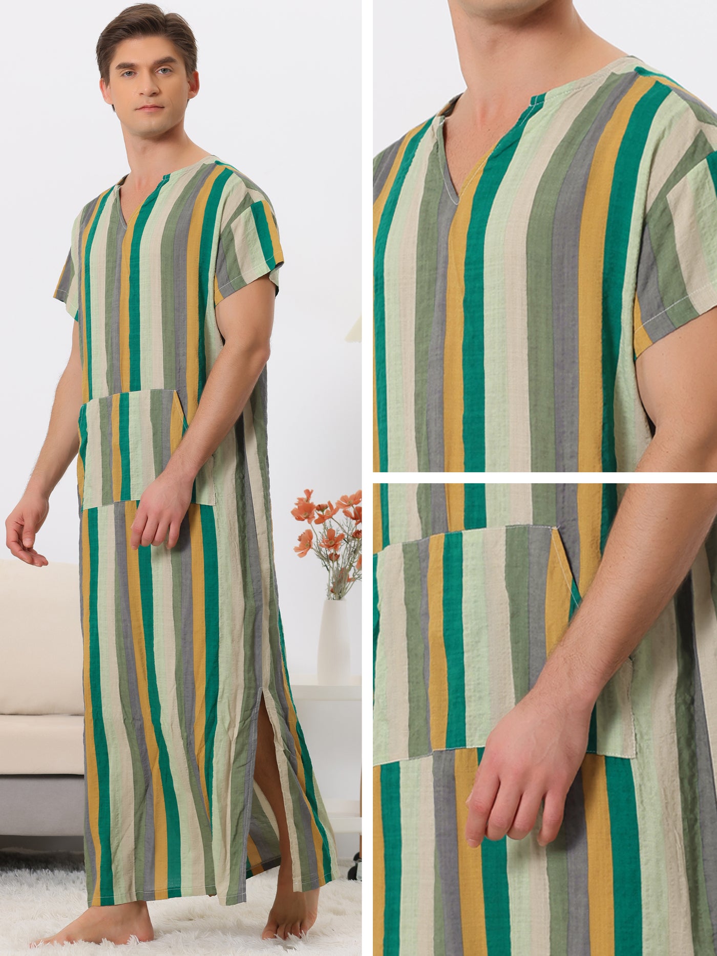 Bublédon Striped Sleep Shirts for Men's V Neck Short Sleeves Color Block Nightshirt
