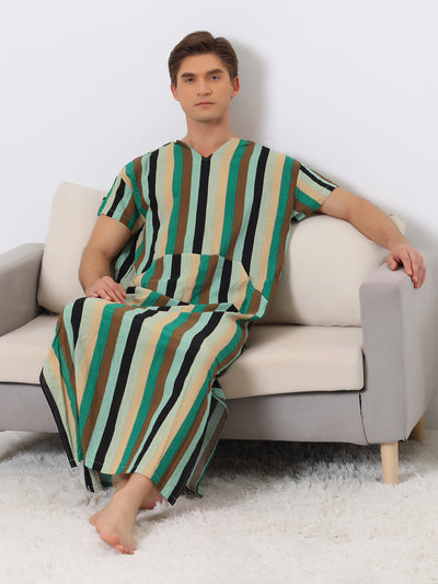 Striped Sleep Shirts for Men's V Neck Short Sleeves Color Block Nightshirt