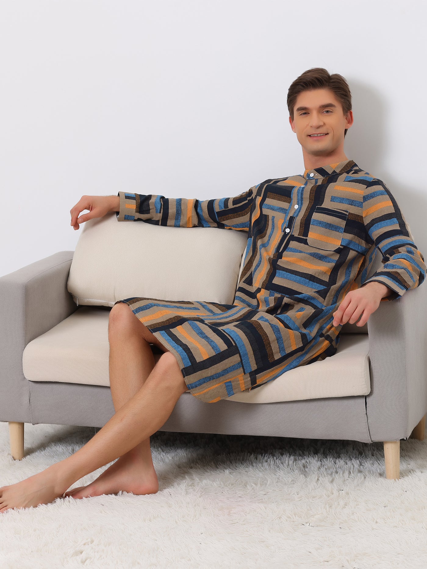 Bublédon Nightshirts for Men's Long Sleeves Geometric Pattern Banded Collar Sleepshirts
