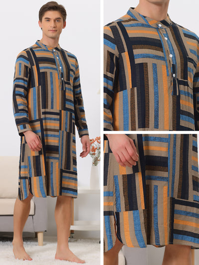 Nightshirts for Men's Long Sleeves Geometric Pattern Banded Collar Sleepshirts